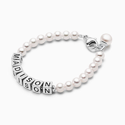 4mm Cultured Pearls, Baby/Children’s Name Bracelet for Girls (Includes Pearl Charm) – Sterling Silver