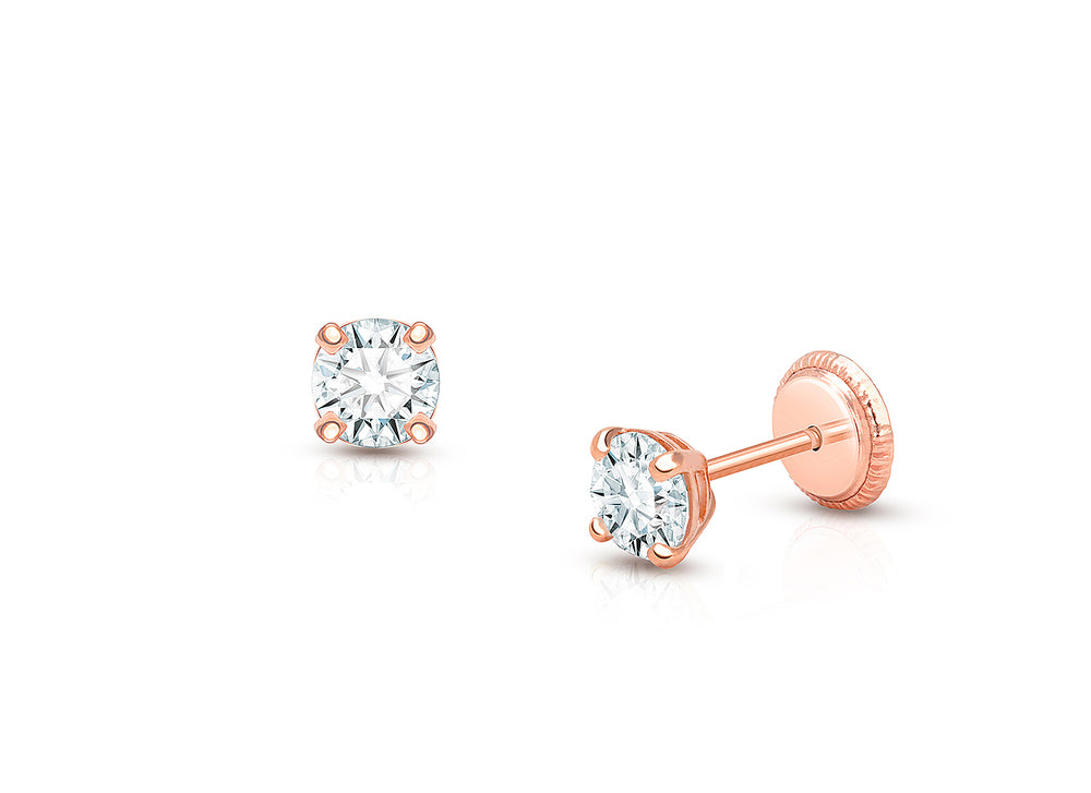 4mm CZ Round Studs, First Holy Communion Children’s Earrings, Screw Back – 14K Rose Gold