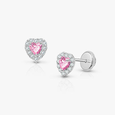 Dearest Heart, Clear Pavé CZ Baby/Children’s Earrings, Screw Back – 14K White Gold