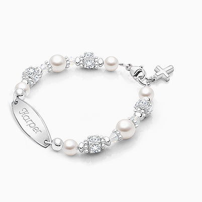 Diamond Cross, Christening/Baptism Baby/Children’s Engraved Bracelet for Girls – Sterling Silver