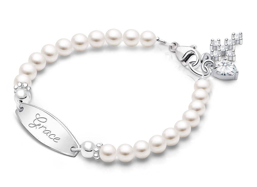 4mm Cultured Pearls, Christening/Baptism Baby/Children’s Engraved Bracelet for Girls – Sterling Silver