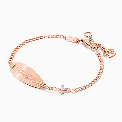 Pavé Cross, Christening/Baptism Baby/Children’s Engraved ID Bracelet for Girls – 14K Rose Gold