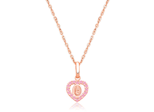 Virgin Mary, Pink CZ Heart Children’s Necklace for Girls – 14K Rose Gold