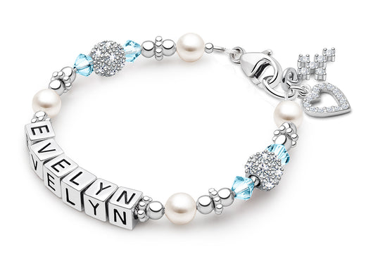 Birthstone, First Holy Communion Name Bracelet for Girls – Sterling Silver
