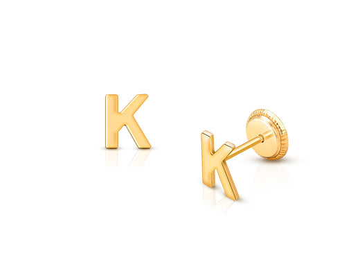 ‘K’ Initial Studs Personalized Baby/Children’s Earrings, Screw Back – 14K Gold