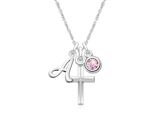 Holy Cross, Communion Children’s Personalized Necklace Set for Girls (Includes Cross, Initial, and Birthstone Charms) – Sterling Silver