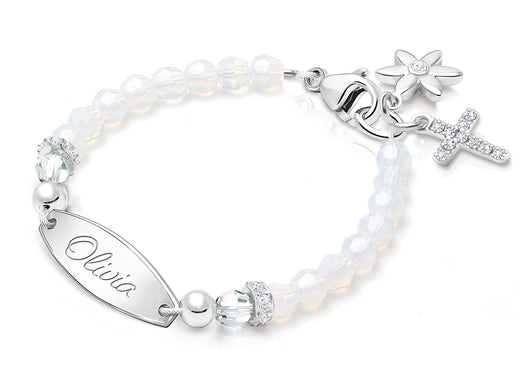 tB® Signature Crystal™ White Opal Christening/Baptism Baby/Children’s Engraved Bracelet for Girls – Sterling Silver