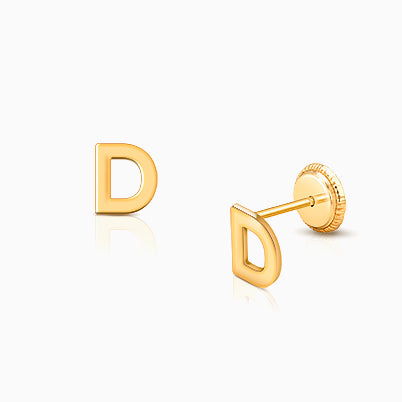 ‘D’ Initial Studs Personalized Baby/Children’s Earrings, Screw Back – 14K Gold