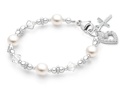 Diamond Cross, Christening/Baptism Baby/Children’s Beaded Bracelet for Girls – Sterling Silver