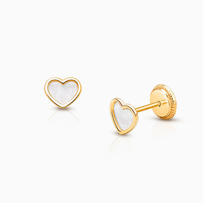 Genuine Heart, Mother of Pearl Baby/Children’s Huggie Hoop Earrings – 14K Gold