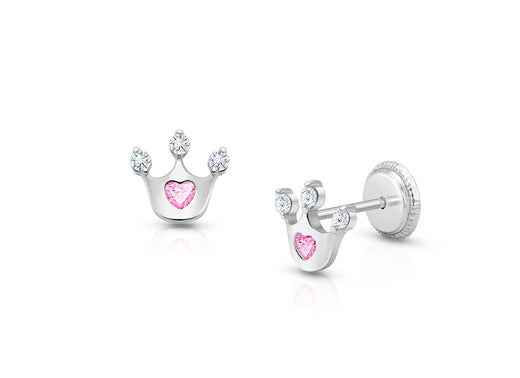 Princess at Heart, Pink/Clear CZ Christening/Baptism Baby/Children’s Earrings, Screw Back – 14K White Gold