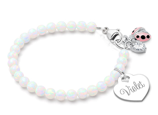 4mm Opals, Lab Created White Opal Teen’s Beaded Bracelet for Girls (INCLUDES Engraved Charm) – Sterling Silver