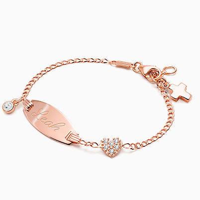 Pavé Heart, Baby/Children’s Engraved ID Bracelet for Girls – 14K Rose Gold