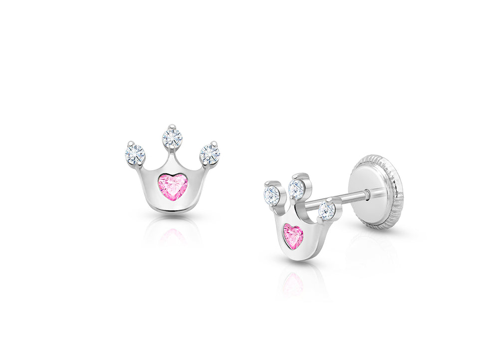 Princess at Heart, Pink/Clear CZ Teen’s Earrings, Screw Back – 14K White Gold