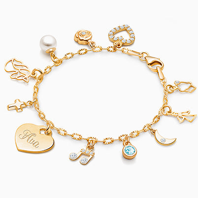 14K Gold Charm Bracelet, Design Your Own Christening/Baptism Baby/Children’s Link Chain Bracelet for Girls (INCLUDES Engraved Heart & Religious Charm)