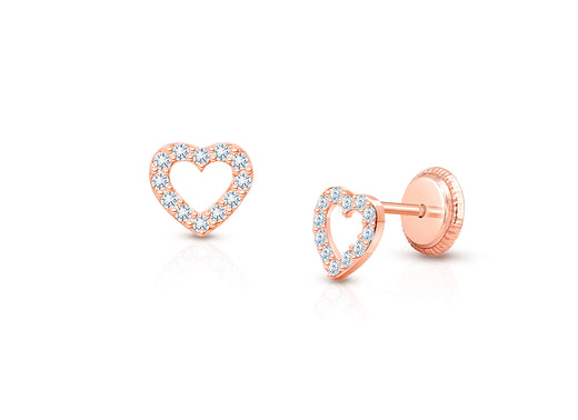 Love of Mine, Clear Pavé CZ Heart, Christening/Baptism Baby/Children’s Earrings, Screw Back – 14K Rose Gold