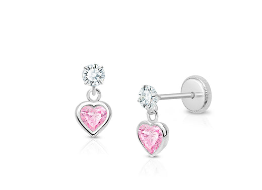 Fearless Heart Dangle, Pink/Clear CZ Teen’s Earrings, Screw Back – 14K White Gold