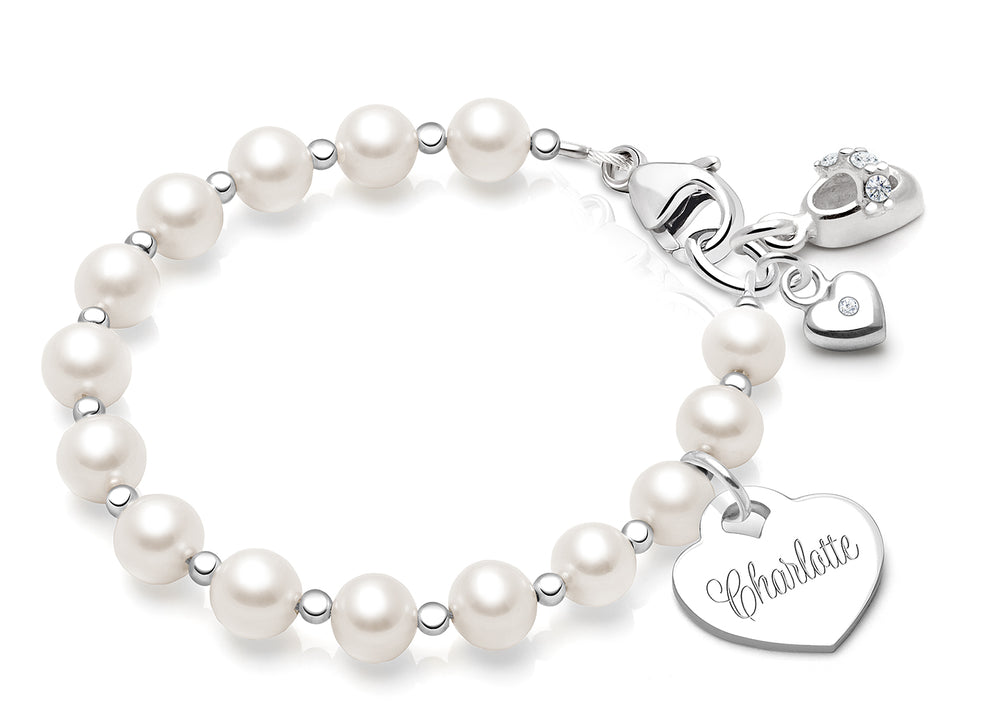 Timeless Pearls, Baby/Children’s Beaded Bracelet for Girls (INCLUDES Engraved Charm) – Sterling Silver