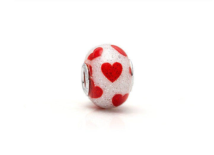 You’ll Be In My Heart, Sterling Silver with Red Hearts on White Murano Glass (Hand Made in Italy) – Children’s Adoré™ Charm