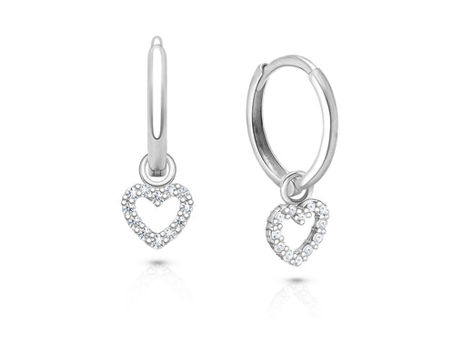 11mm Classic Huggie Hoops with Pavé Heart Dangle, Baby/Children’s Earrings – Sterling Silver