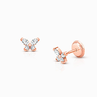Lucky Stars, Clear CZ Baby/Children’s Earrings, Screw Back – 14K Rose Gold