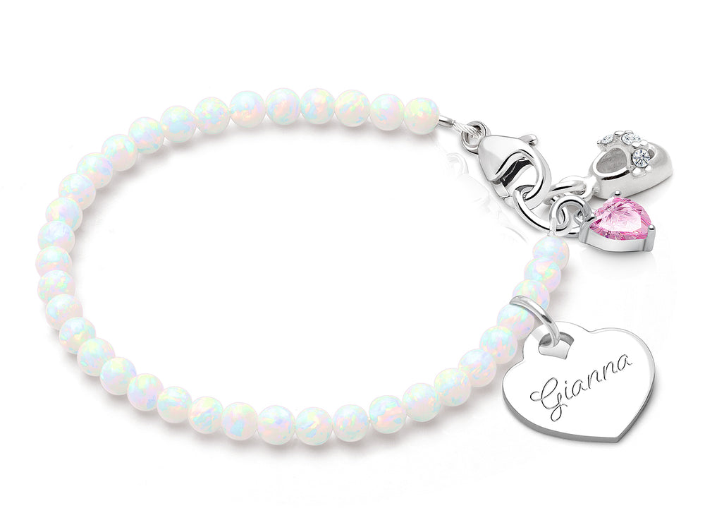 3mm Opals, Lab Created White Opal Baby/Children’s Beaded Bracelet for Girls (INCLUDES Engraved Charm) – Sterling Silver