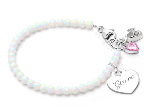 3mm Opals, Lab Created White Opal Baby/Children’s Beaded Bracelet for Girls (INCLUDES Engraved Charm) – Sterling Silver