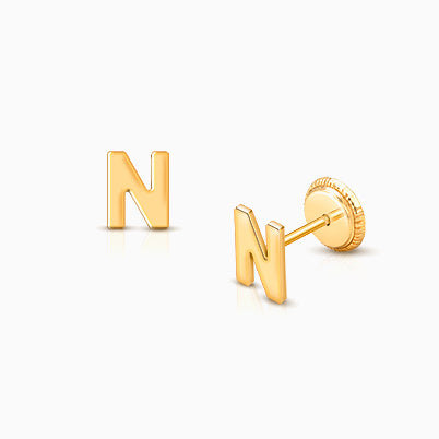 ‘N’ Initial Studs Personalized Baby/Children’s Earrings, Screw Back – 14K Gold