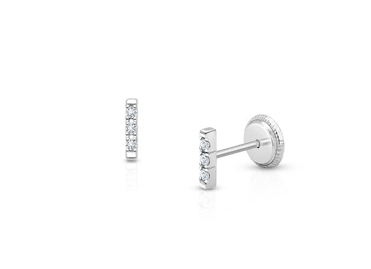 Pavé Bar, Clear CZ Teen’s Earrings, Screw Back – 14K White Gold