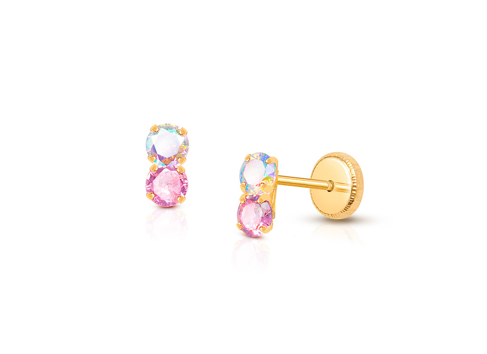 Gia™ Shimmer Drop, Pink/Opalescent CZ Baby/Children’s Earrings, Screw Back – 14K Gold