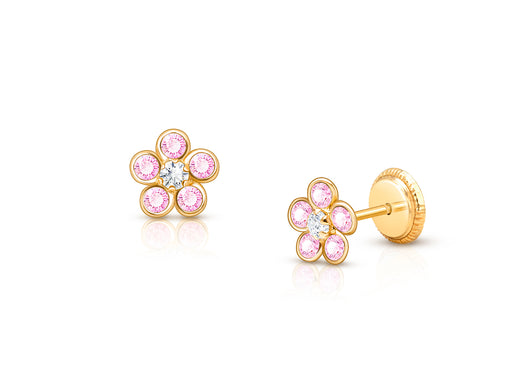 Flower Girl, Pink/Clear CZ Baby/Children’s Earrings, Screw Back – 14K Gold