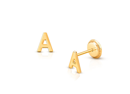 ‘A’ Initial Studs Personalized Baby/Children’s Earrings, Screw Back – 14K Gold