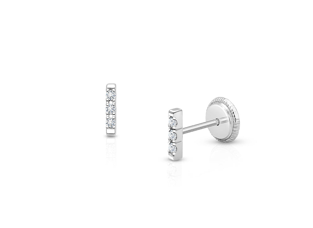Pavé Bar, Clear CZ Baby/Children’s Earrings, Screw Back – 14K White Gold