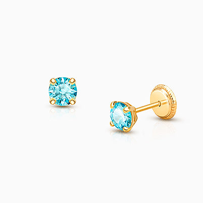 March Birthstone Studs, 4mm Swarovski® Crystal Teen’s Earrings, Screw Back – 14K Gold