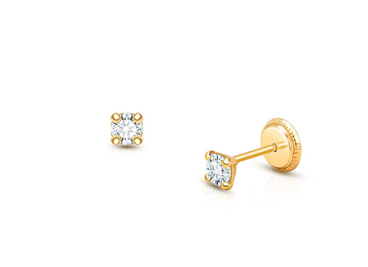3mm CZ Round Studs, Baby/Children’s Earrings, Screw Back – 14K Gold