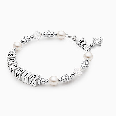Diamond Cross, First Holy Communion Name Bracelet for Girls – Sterling Silver