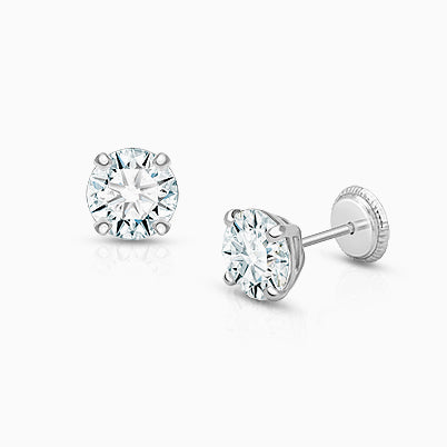 6mm CZ Round Studs, Teen’s Earrings, Screw Back – 14K White Gold
