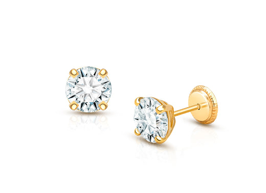 6mm CZ Round Studs, Teen’s Earrings, Screw Back – 14K Gold