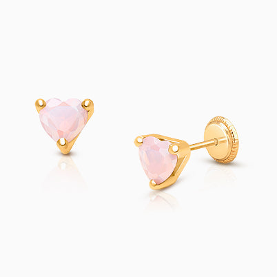 Fearless Heart Dangle, Pink/Clear CZ Baby/Children’s Earrings, Screw Back – 14K Gold