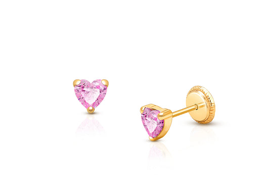 Heart Studs, 4mm Pink CZ Baby/Children’s Earrings, Screw Back – 14K Gold