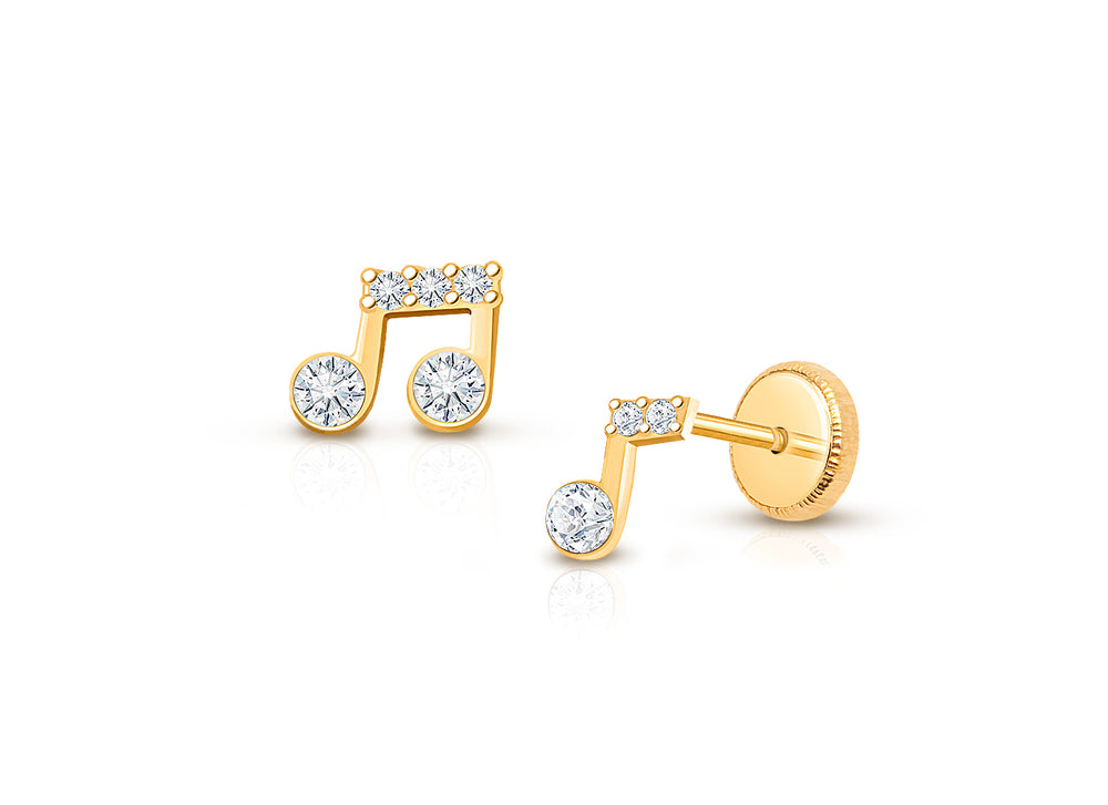 Magical Music Notes, Clear CZ Teen’s Earrings, Screw Back – 14K Gold