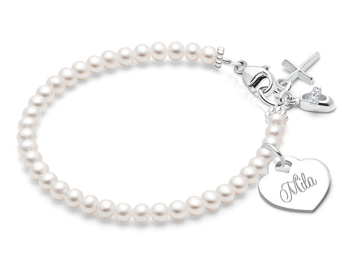 3mm Cultured Pearls, Christening/Baptism Baby/Children’s Beaded Bracelet for Girls (INCLUDES Engraved Charm) – Sterling Silver