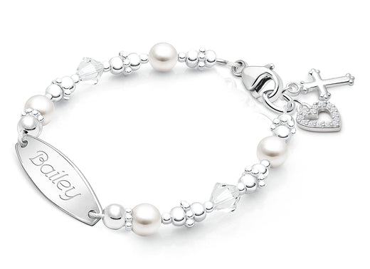 Diamond Cross, Christening/Baptism Baby/Children’s Engraved Bracelet for Girls – Sterling Silver