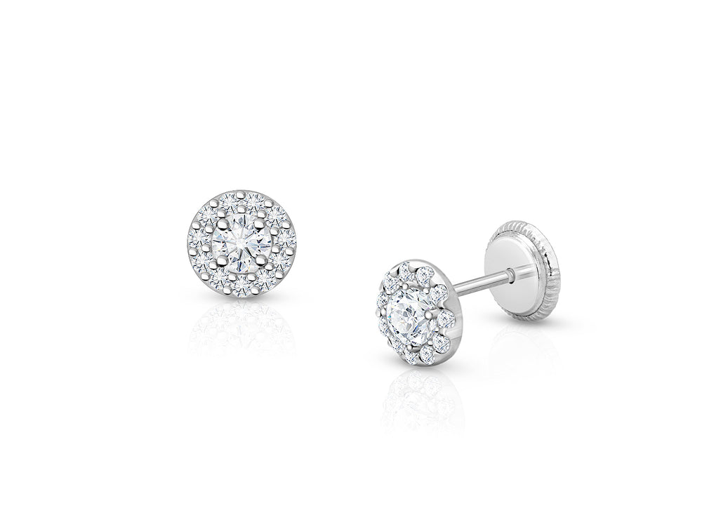 Brilliant Halo, Clear CZ Teen’s Earrings, Screw Back – 14K White Gold