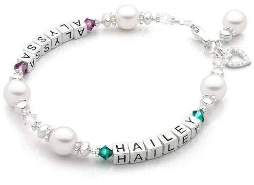 Diamonds & Pearls, Mother’s Bracelet for Women (Personalize with Up To 3 Children’s Names) – Sterling Silver