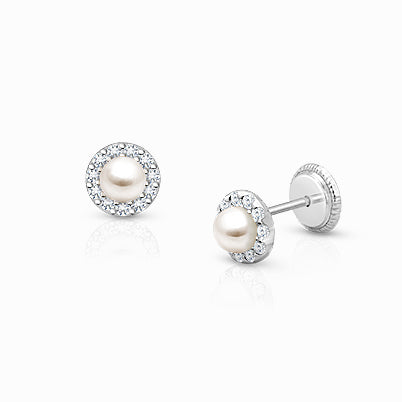 Simple Heart Studs, 5mm Turquoise CZ Baby/Children’s Earrings, Screw Back – 14K White Gold