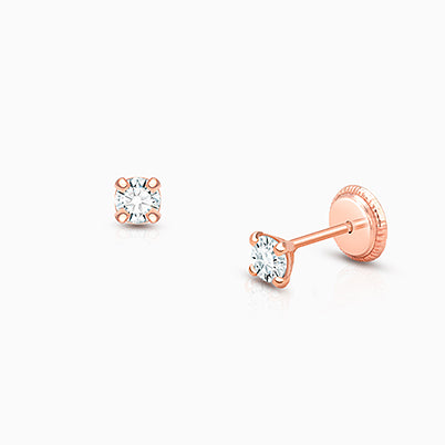 3mm CZ Round Studs, Baby/Children’s Earrings, Screw Back – 14K White Gold