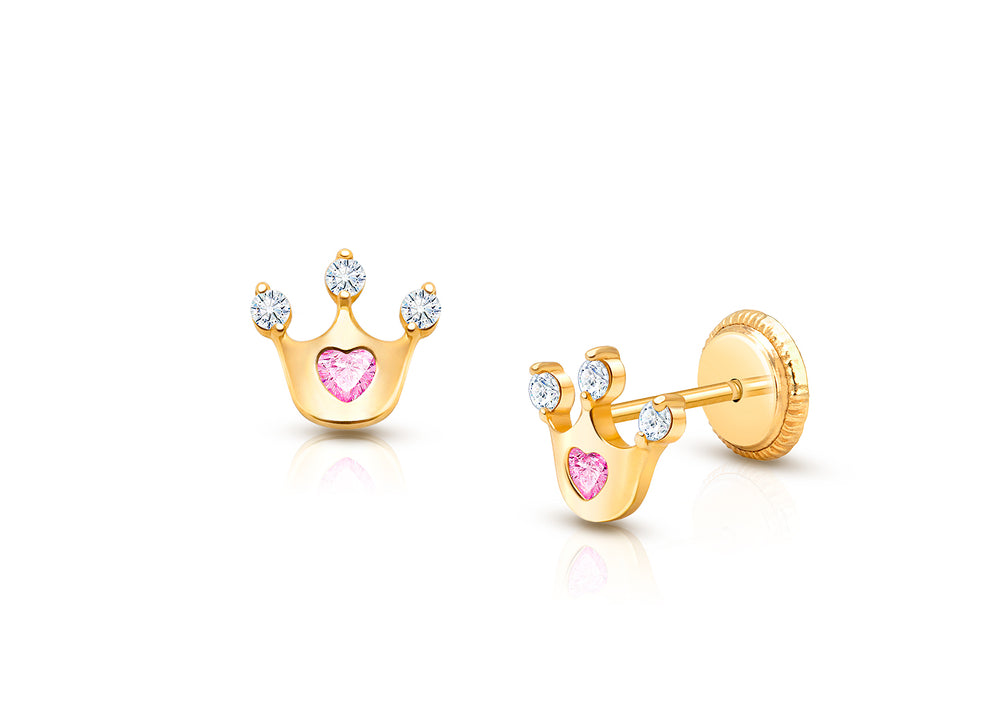 Princess at Heart, Pink/Clear CZ Baby/Children’s Earrings, Screw Back – 14K Gold
