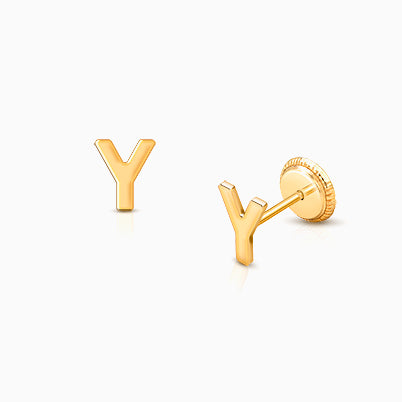 ‘Y’ Initial Studs Personalized Baby/Children’s Earrings, Screw Back – 14K Gold