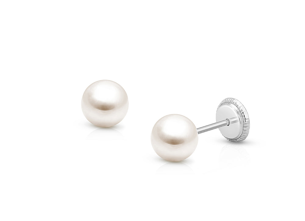 5mm Pearl Studs, Teen’s Earrings, Screw Back – 14K White Gold